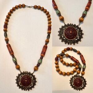 Bohemian Bead Necklace Wood Amber Gold Tone Nature Earth Signed LR Pendant Boho